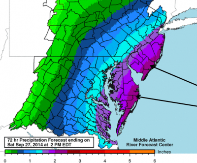 Rainfall amounts expected in a coastal storm hitting New Jersey Sept. 25, 2014. (Photo: National Weather Service)