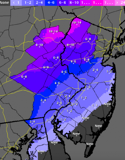 A snowfall total map for the Nov. 26 nor'easter expected to hit New Jersey. (Credit: National Weather Service)