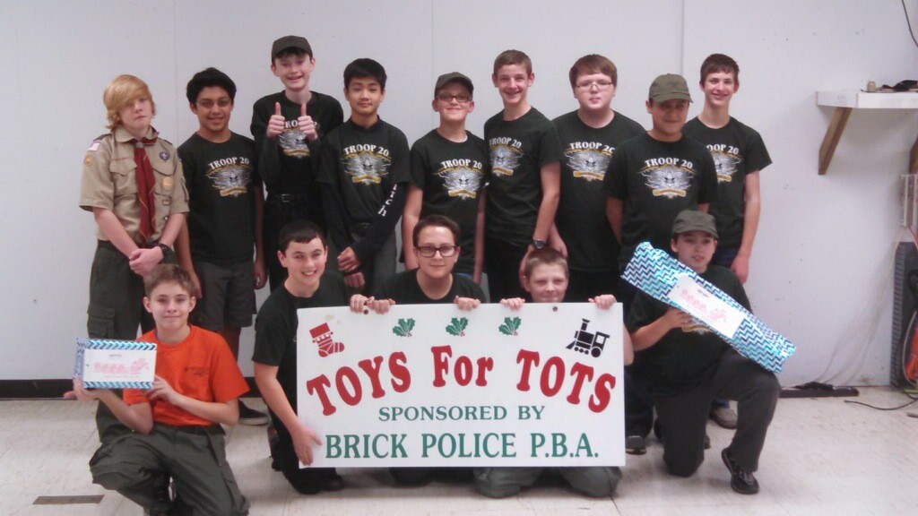 Boy Scout Troop 20 volunteering in the Brick PBA annual toy drive.