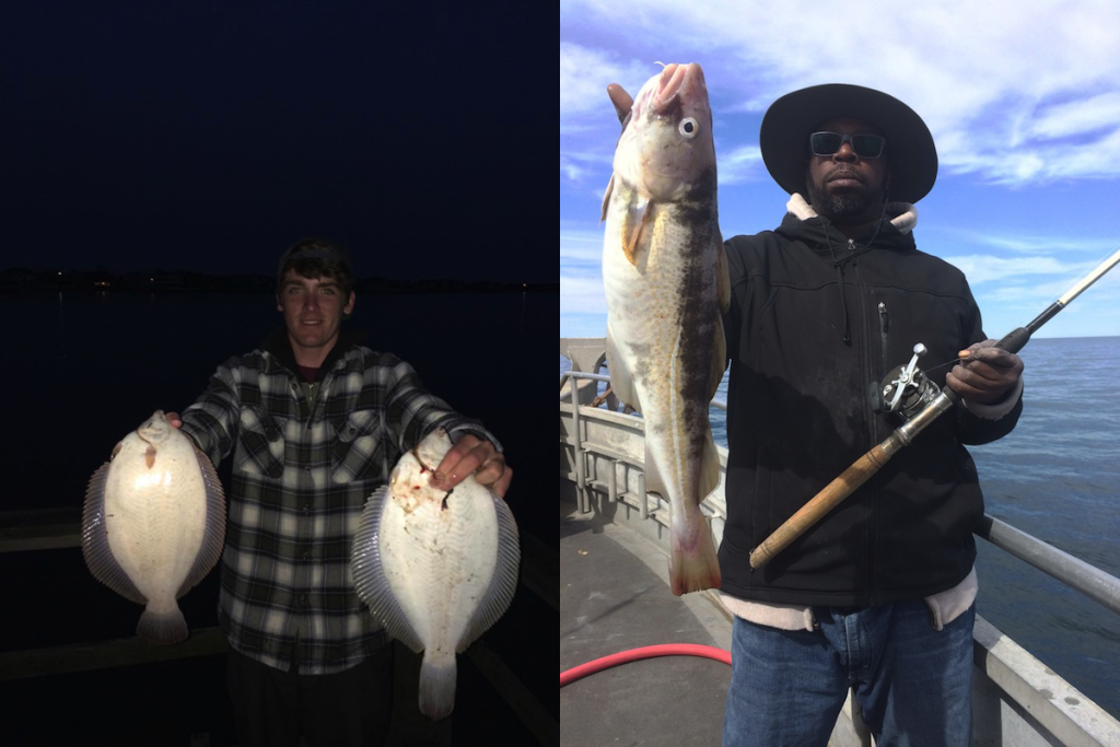 Steven, with flounder caught in the Manasquan River, and Darvelle Attile, with a 4-pound cod caught on board the Paramount party boat. (Photos: Alex's Inlet B&T, Paramount)