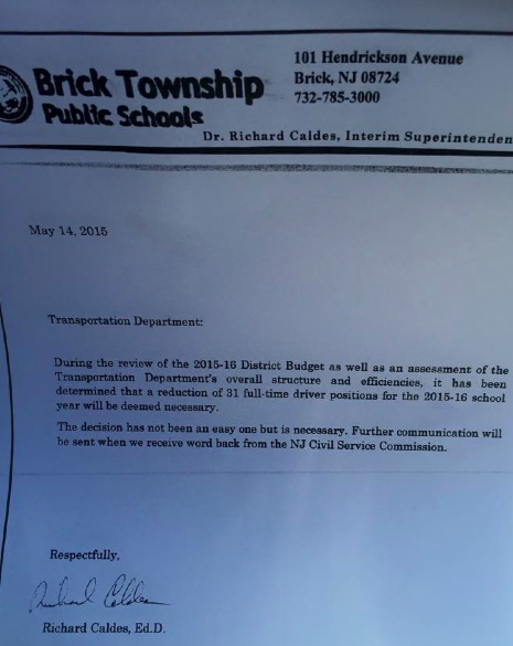 A  letter indicating cuts to Brick school bus drivers. (Supplied Photo)
