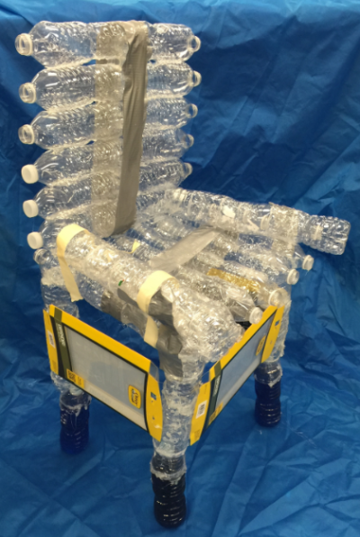 A chair made out of plastic water bottles. (Photo: Sarah Dunne, Veterans Memorial Middle School)