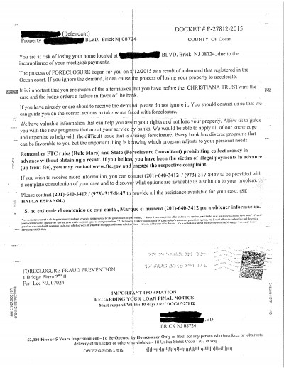 An alleged scam foreclosure warning. (Click to Enlarge)