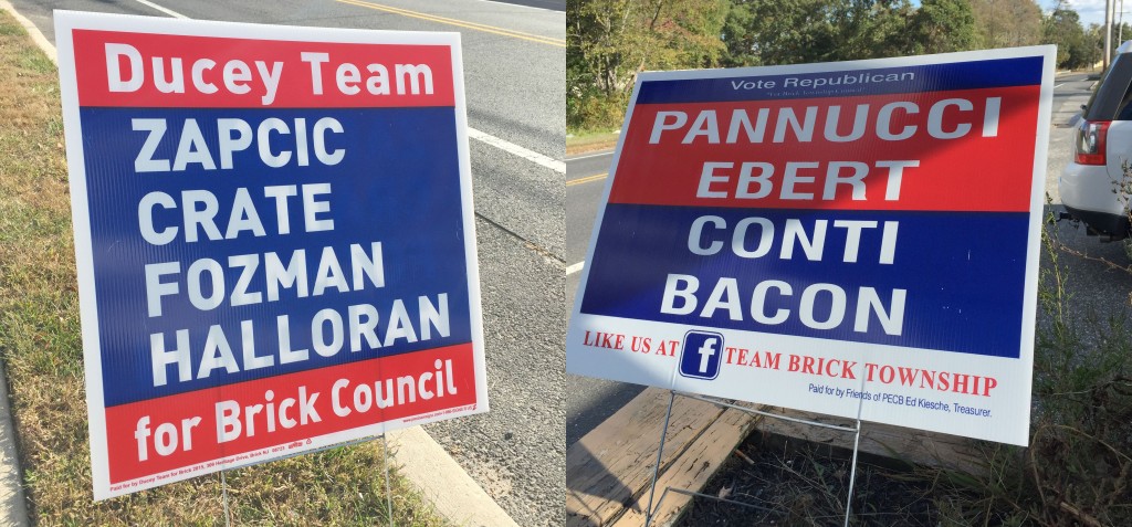 Campaign signs for the Democratic (left) and Republican candidates in Brick, 2015. (Photo: Daniel Nee)