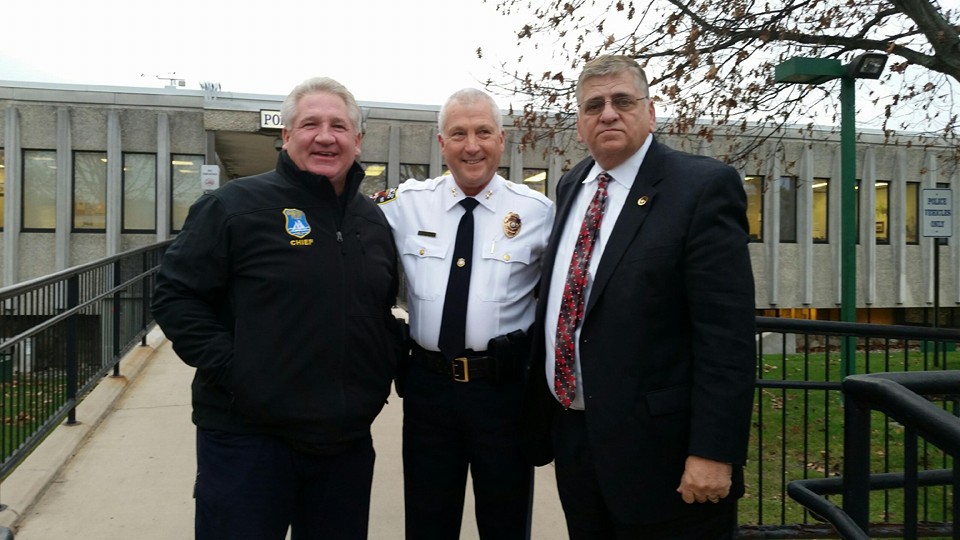 Chief Nils R. Bergquist, in front of the Brick Police HQ Monday, along with Seaside Heights Chief Thomas Boys (left) and Sheriff Michael Mastronardy (right).