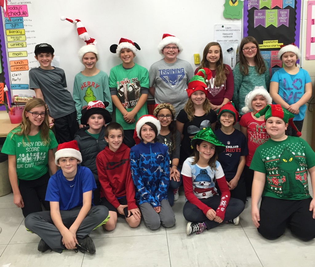 Fifth graders at Midstreams Elementary School in their "holiday hats" to raise money to support returning veterans. (Submitted Photo)
