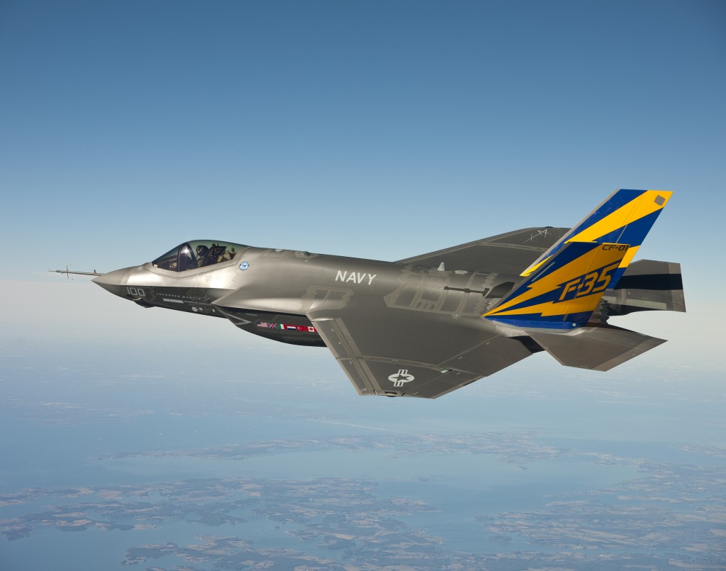 The U.S. Navy variant of the F-35 Joint Strike Fighter, the F-35C, conducts a test flight over the Chesapeake Bay.  (U.S. Navy photo courtesy Lockheed Martin/Released)