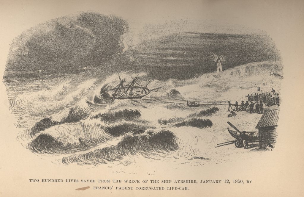 Drawing of the wrecking of the Ayrshire off Squan Beach. The image shows the Francis Life Car being used to rescue over 200 of the ships passengers. This was the first time this device was used. (Credit: NOAA)