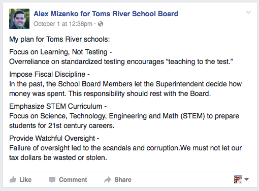 Identical messaging used in Brick and Toms River school board races. (Credit: Facebook)
