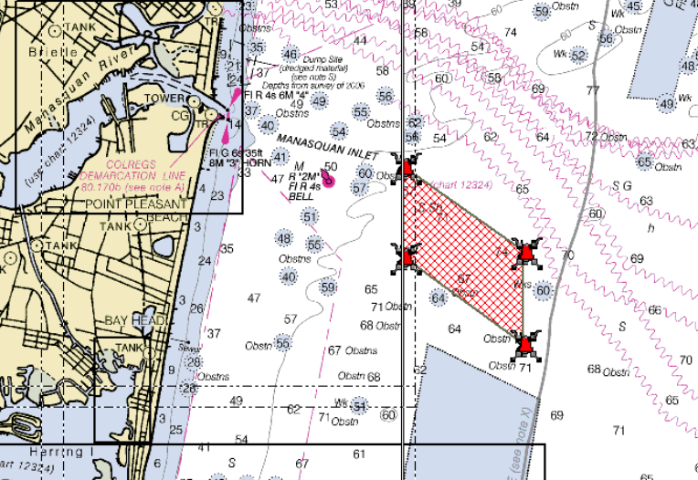 The new Manasquan Inlet Reef, marked in red. (Photo: Daniel Nee)