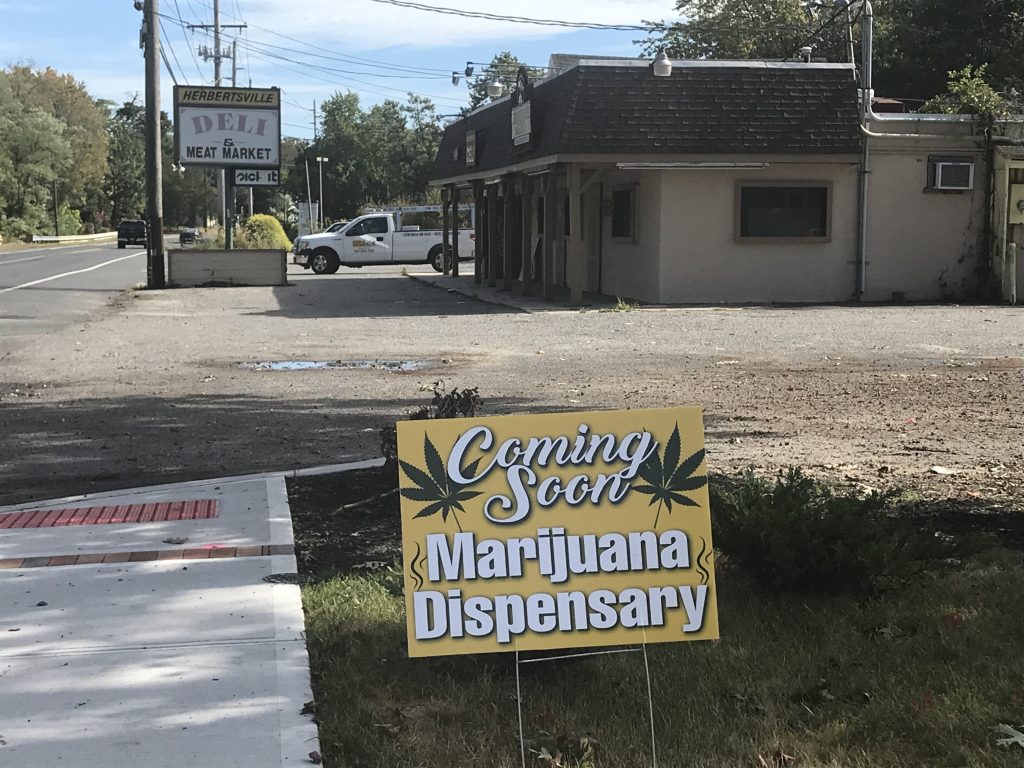 A prank sign advertising a medical marijuana dispensary on Herbertsville Road. (Photo: Daniel Nee)
