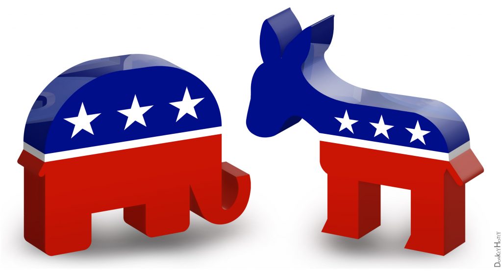Republican elephant and Democratic donkey. (Credit: DonkeyHotey/ Flickr)