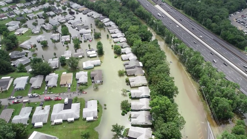 Flooding in Greenbriar I, Aug. 13, 2018, captured by a Brick police drone. (Credit: Brick Twp. Police)