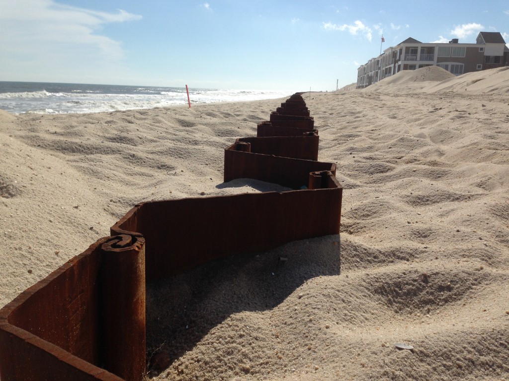 Sheetpile installed at Brick Beach III. The sheet pile will eventually be capped and buried in sand dunes. (Photo: Daniel Nee)