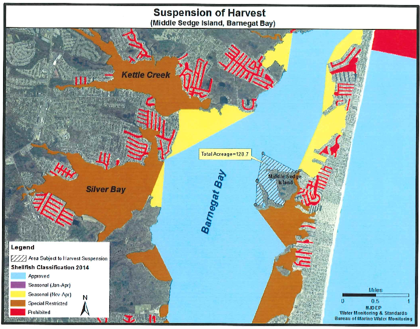 Proposed closure of Barnegat Bay waters for shellfishing. (Credit: NJDEP)