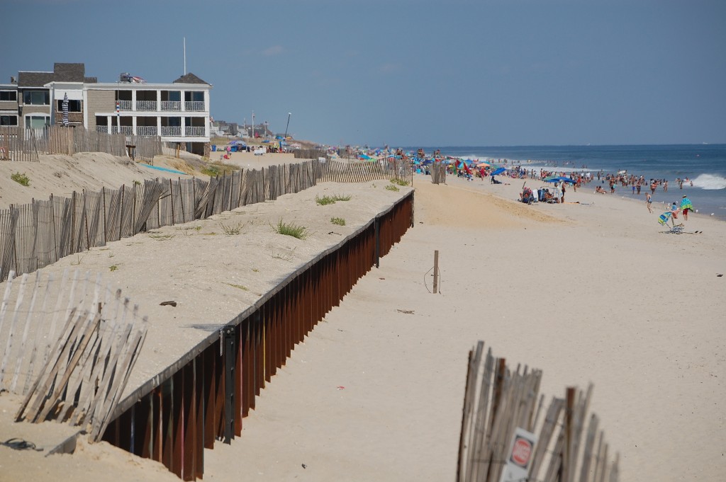 A sheet pile wall exposed where engineered dunes are planned for the beach in Brick, N.J. (Photo: Daniel Nee)