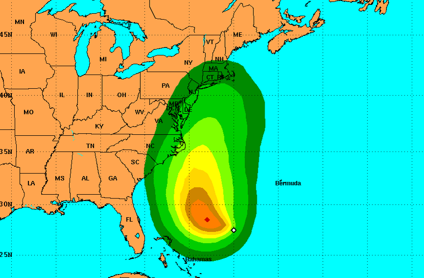 T.D. 11's percentage threat of tropical storm force winds within 120 hours from Monday afternoon. (Credit: NHC)