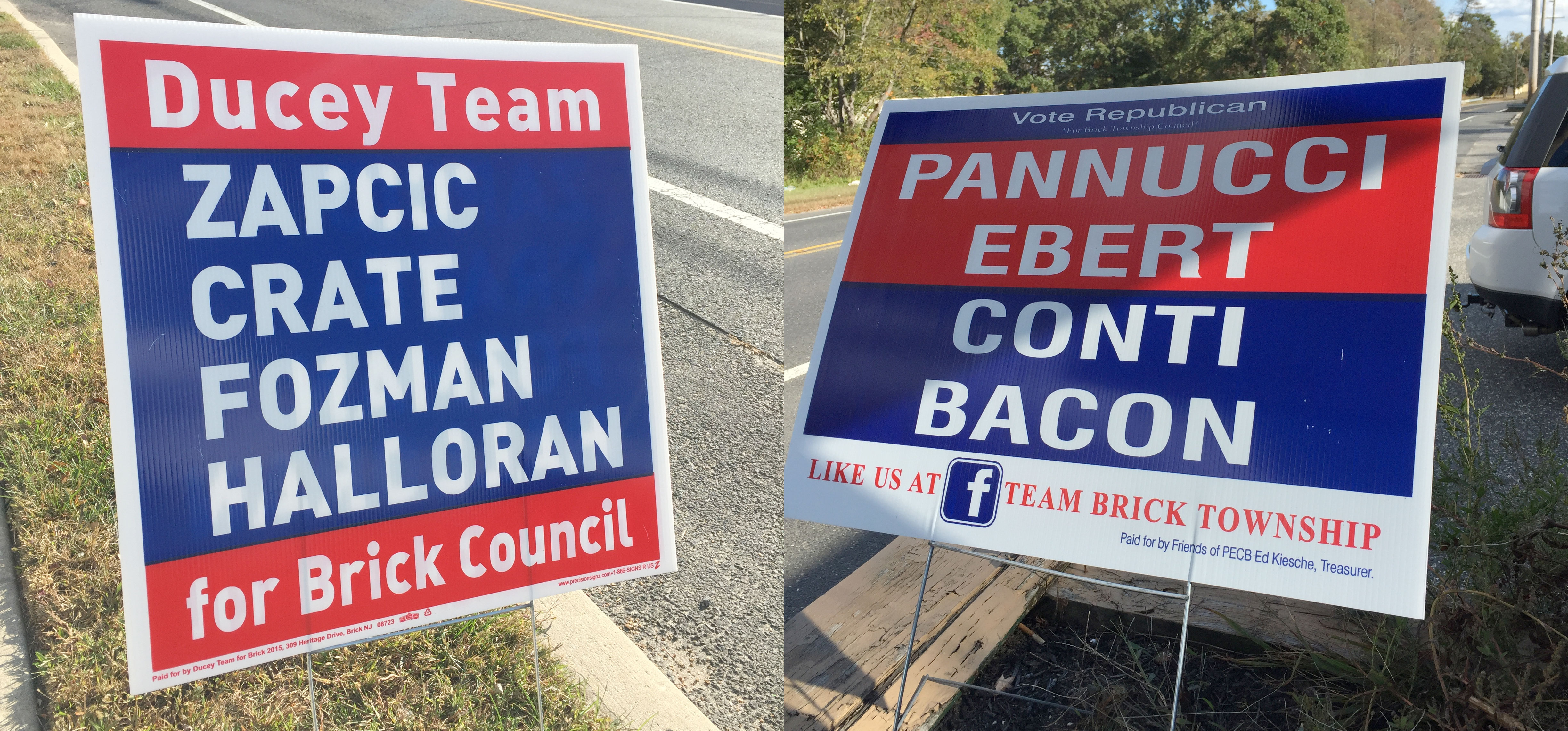 Campaign signs for the Democratic (left) and Republican candidates in Brick, 2015. (Photo: Daniel Nee)