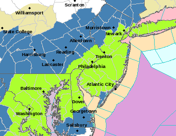 Blizzard watches (in green) in New Jersey. (Credit: NWS)
