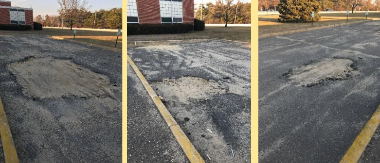 A damaged parking lot at Brick Township High School. (Credit: Brick Schools)