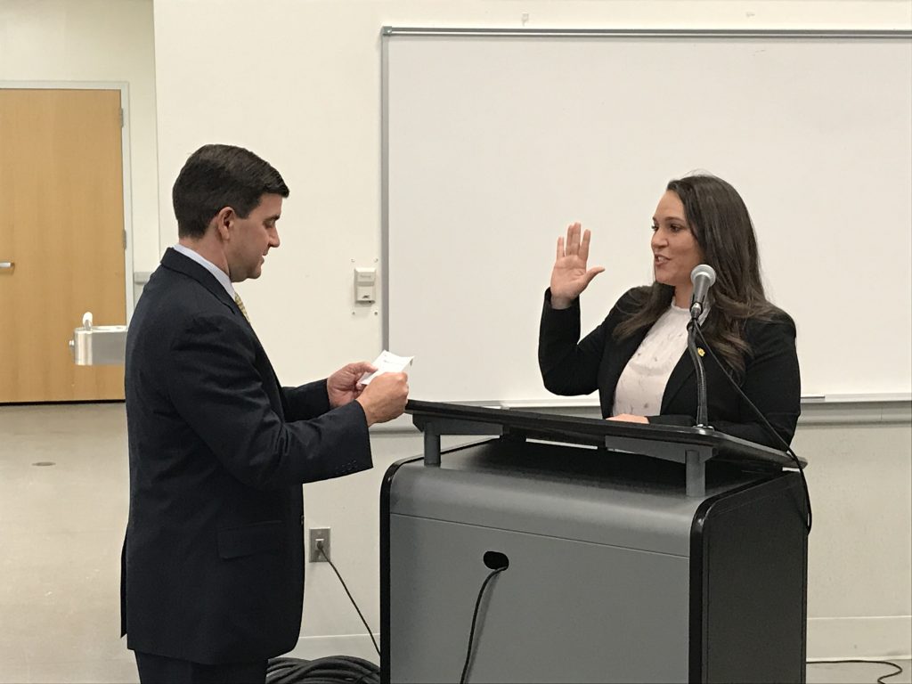 Maria Foster is sworn into office as a Brick school board member. (Photo: Daniel Nee)