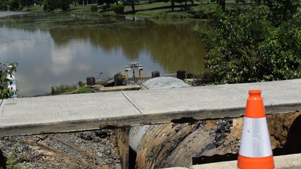 A damaged dam and culvert in Greenbriar I following the Aug. 13, 2018 storm. (Photo: Daniel Nee)