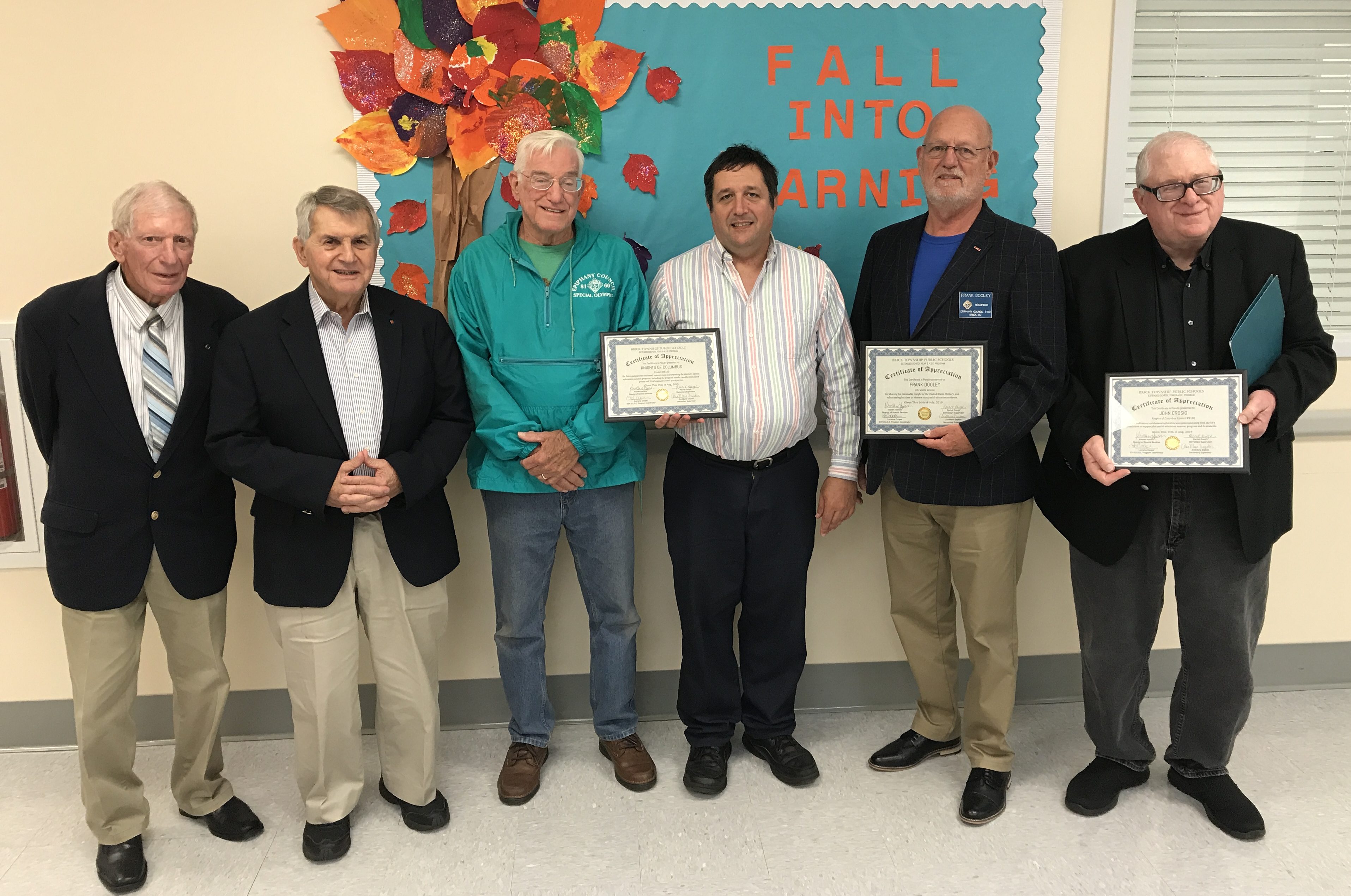 Members of Knights of Columbus Council 8160 receive an honor from the Brick Twp. Board of Education, Oct. 2019. (Photo: Daniel Nee)