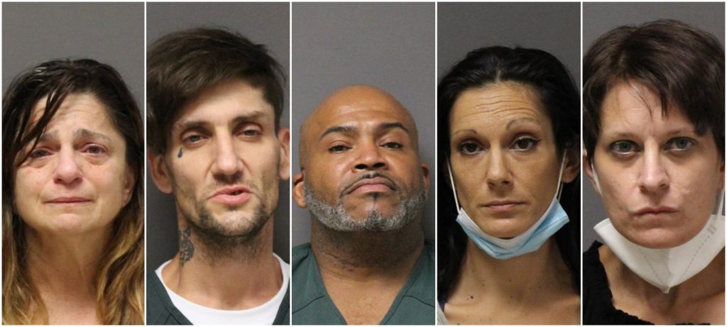 Mug shots of Michelle Lanzieri, Ryan Chapman, John Brown Jr., Jill Farrelly and Tracy Martin. (Photos: Ocean County Jail)