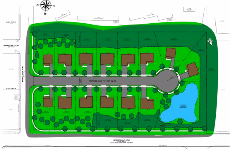 A rendering of the 14-home development proposed off Herbertsville Road, May 2021. (Screenshot)