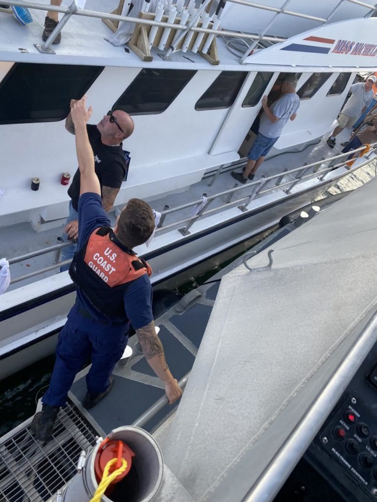 U.S. Coast Guard and partner agencies conduct a medical evacuation on a 58-year-old male 6 miles northeast of Manasquan Inlet, New Jersey, July 19, 2021. (Photo: U.S. Coast Guard photo by Petty Officer 3rd Class Christopher Rivera)