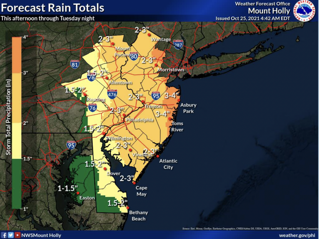 Rainfall predictions for the Oct. 25-27 nor'easter, 2021. (Credit: NWS)