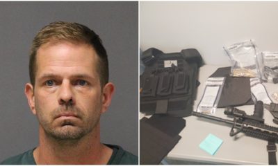 Jeremy Barringer (Photo: Ocean County Jail) and weapons confiscated from him by police (Photo: Mantoloking Police Department).