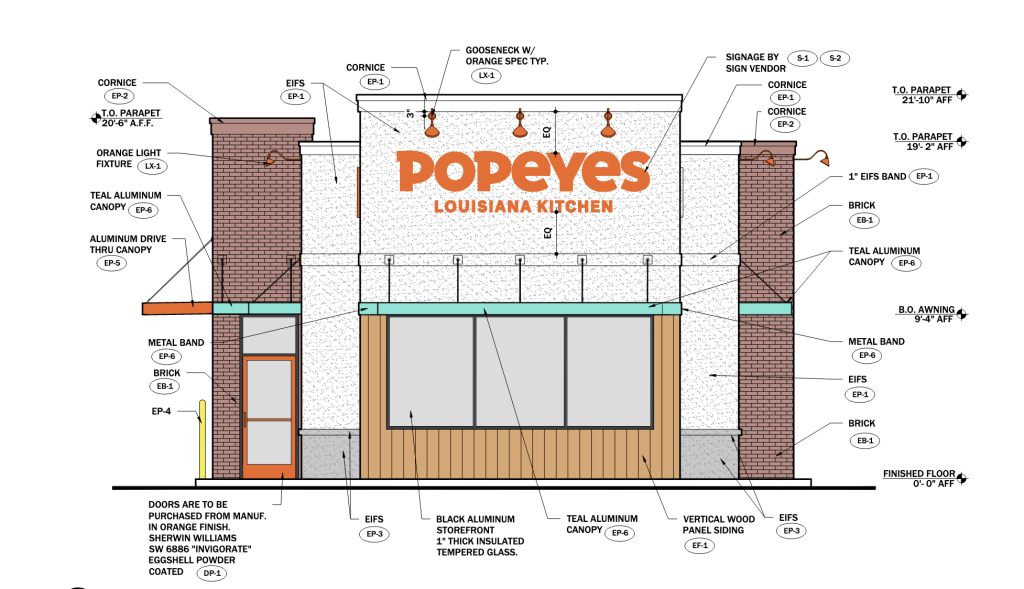 A rendering of the proposed Popeyes restaurant in Brick Township, N.J. (Planning Document)