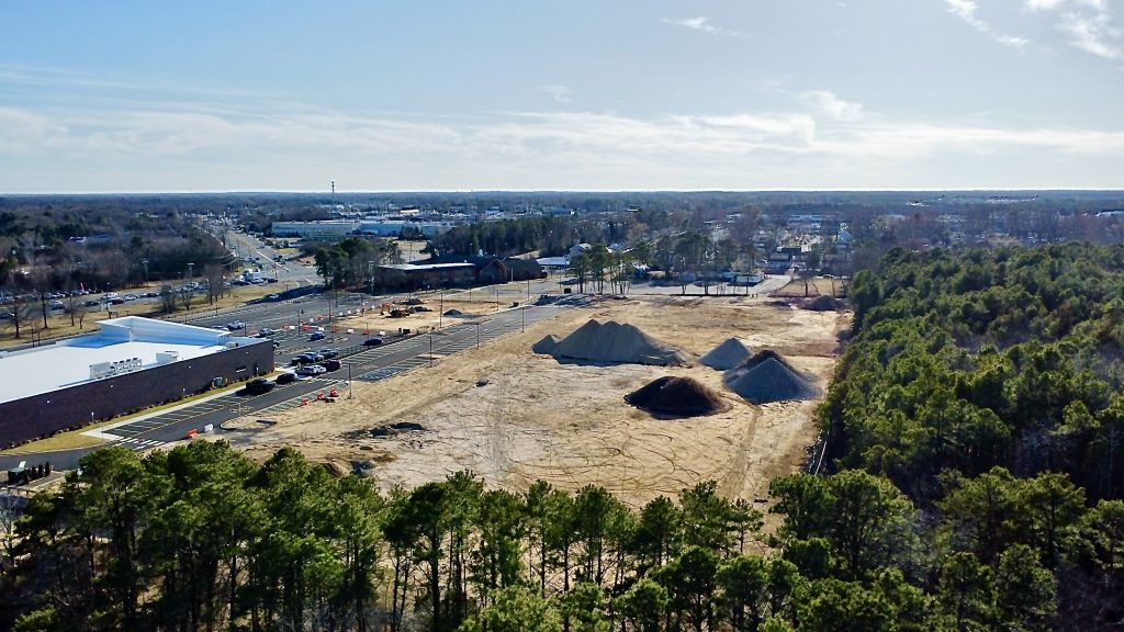 The former Foodtown property on Route 70, now populated with an Aldi and construction materials for a sports dome, Feb. 2023. (Photo: Daniel Nee)