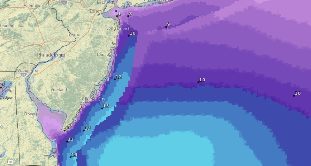 Forecast wave heights offshore Saturday, Sept. 23 during a forecast coastal storm. (Source: NWS)