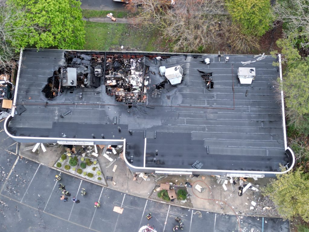 An aerial view of the damage at a Herbertsville Road shopping plaza in Brick, April 28, 2024. (Credit/Courtesy: John Barrett)
