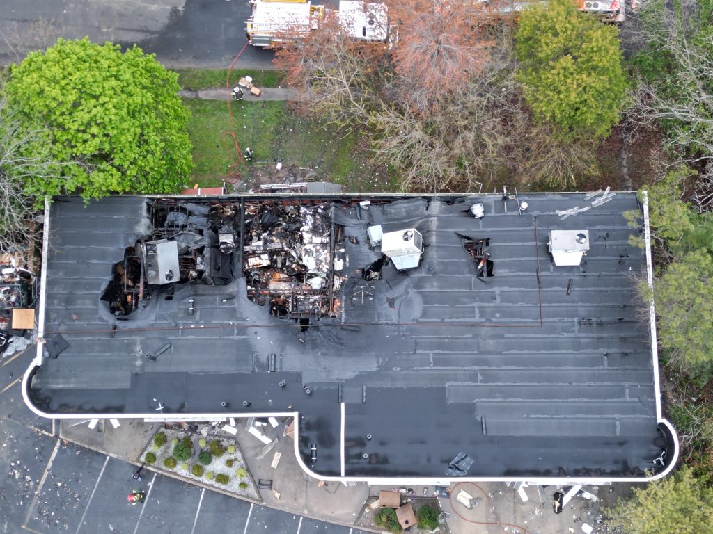 An aerial view of the damage at a Herbertsville Road shopping plaza in Brick, April 28, 2024. (Credit/Courtesy: John Barrett)