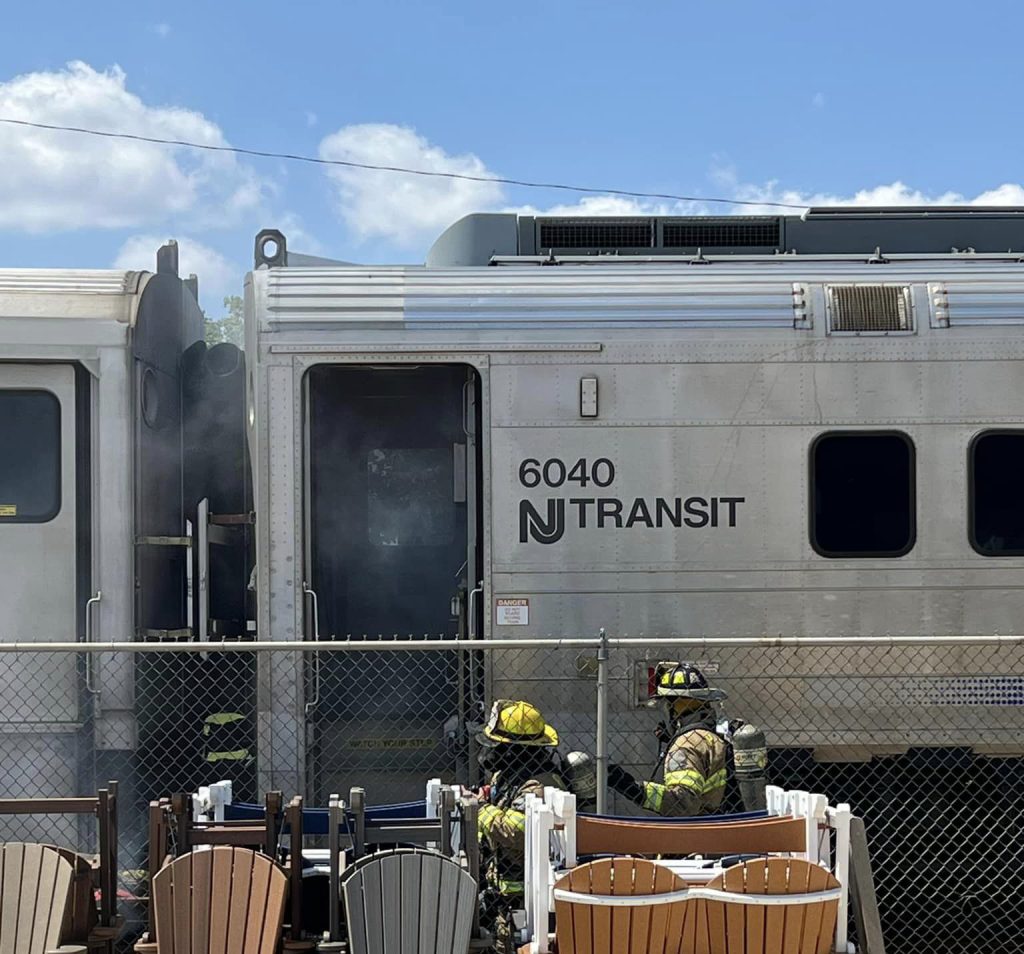 A fire on a New Jersey Transit train, August 10, 2024, Point Pleasant Beach, NJ (Photo: Ocean Fire Company)