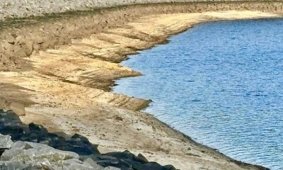 Low water levels at the Brick Reservoir show the sandy bottom of the body of water, Nov. 2024. (Photo: Holly McNabb/ Brick Community Group/ Facebook)