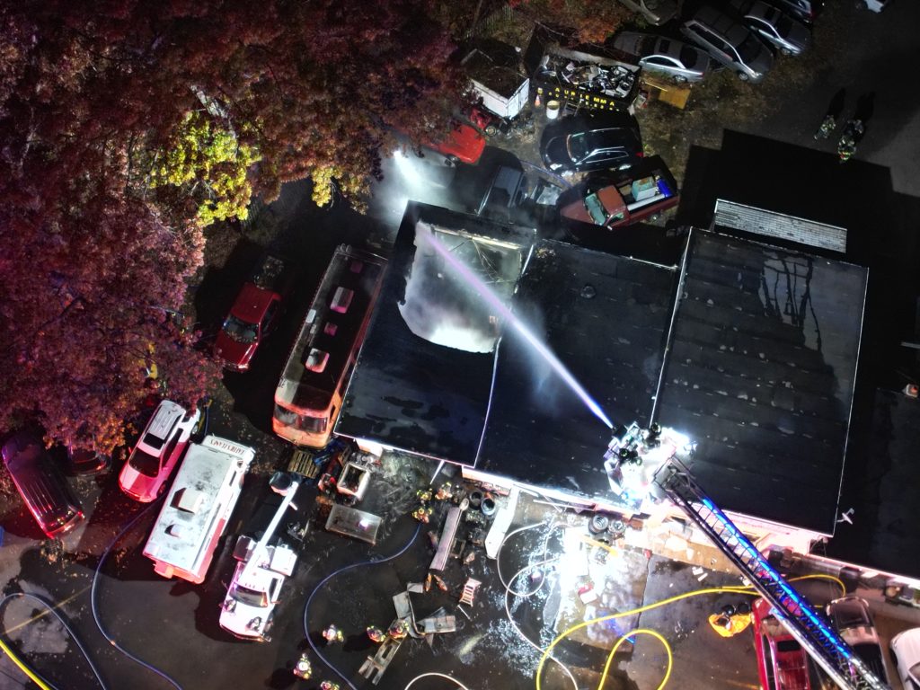 A fire decimates an automotive repair shop on Route 88, Brick Township, N.J., Nov. 4, 2024. (Courtesy: John Barrett)