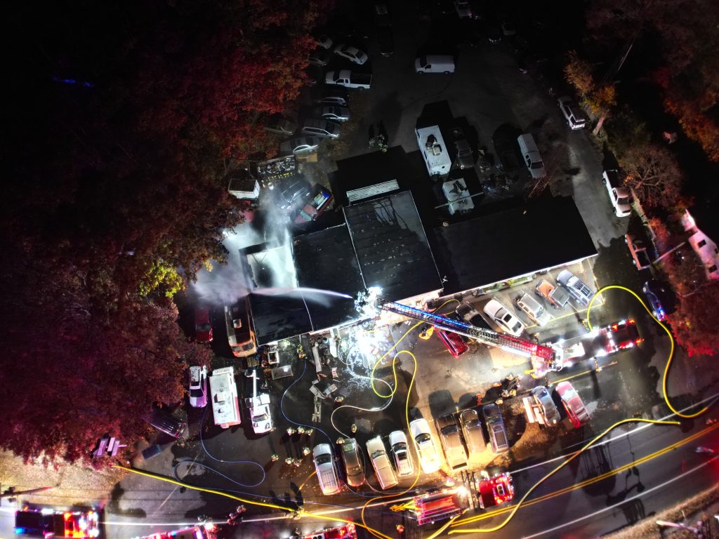 A fire decimates an automotive repair shop on Route 88, Brick Township, N.J., Nov. 4, 2024. (Courtesy: John Barrett)