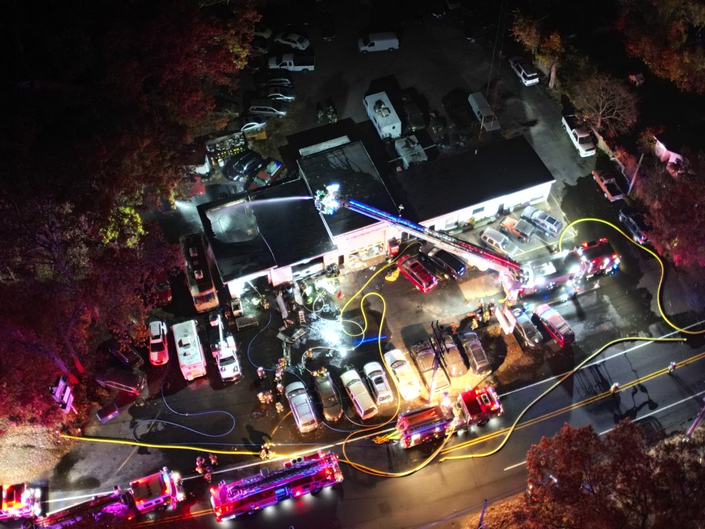 A fire decimates an automotive repair shop on Route 88, Brick Township, N.J., Nov. 4, 2024. (Courtesy: John Barrett)