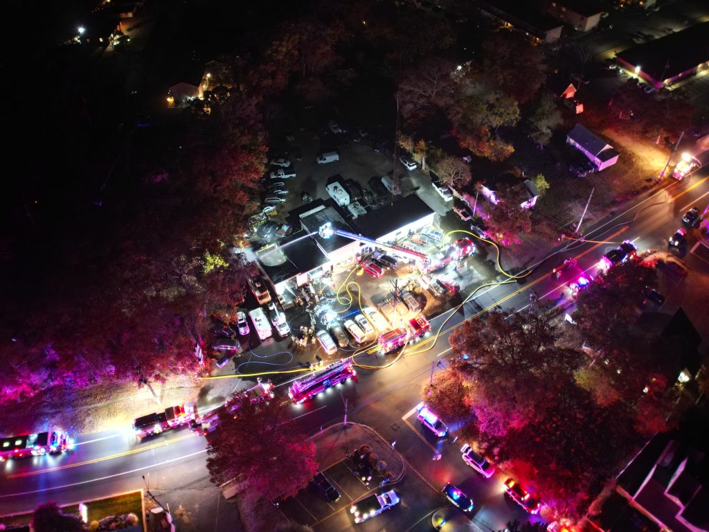 A fire decimates an automotive repair shop on Route 88, Brick Township, N.J., Nov. 4, 2024. (Courtesy: John Barrett)