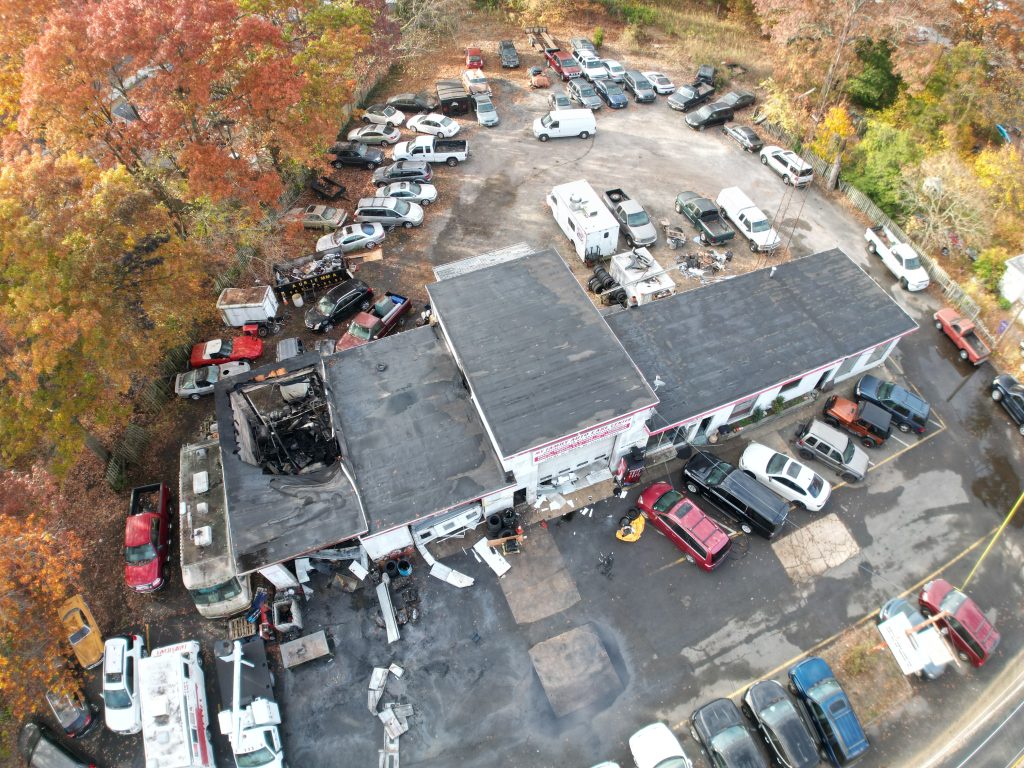 A fire decimates an automotive repair shop on Route 88, Brick Township, N.J., Nov. 4, 2024. (Courtesy: John Barrett)