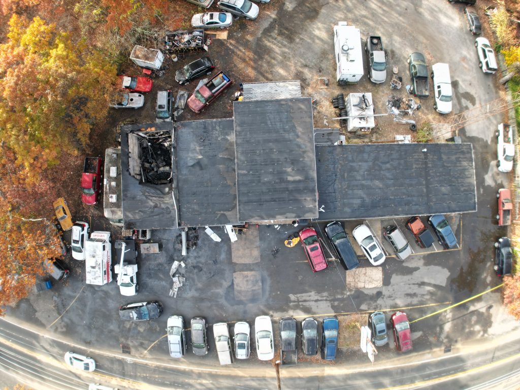 A fire decimates an automotive repair shop on Route 88, Brick Township, N.J., Nov. 4, 2024. (Courtesy: John Barrett)