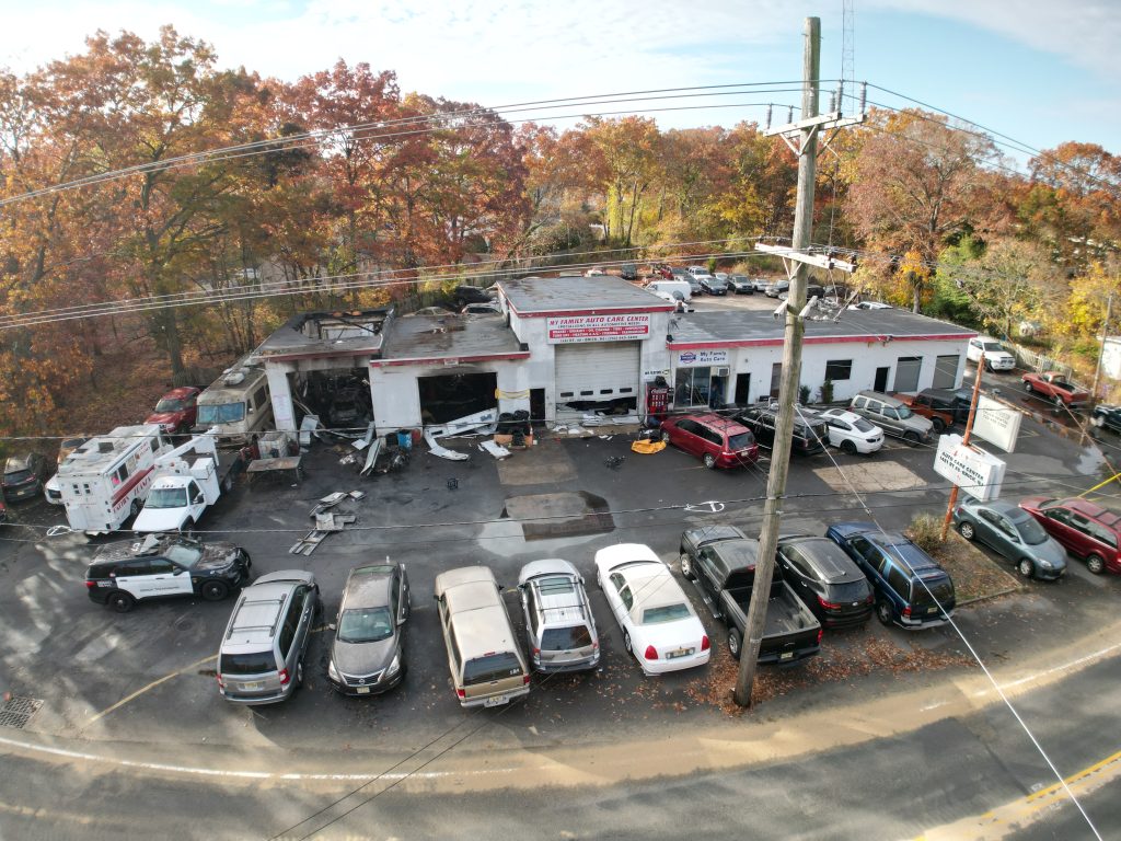 A fire decimates an automotive repair shop on Route 88, Brick Township, N.J., Nov. 4, 2024. (Courtesy: John Barrett)