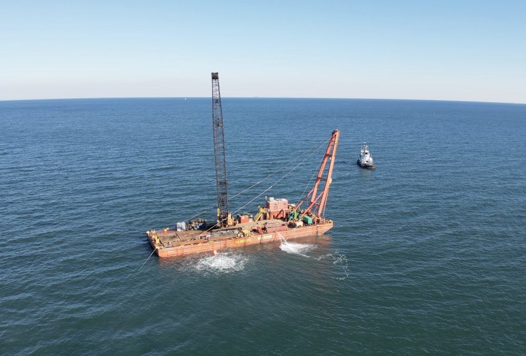 A barge in place to salvage the Susan Rose almost a year to the day it sank off Point Pleasant Beach, N.J., Nov. 10, 2024. (Photo: John Barrett)