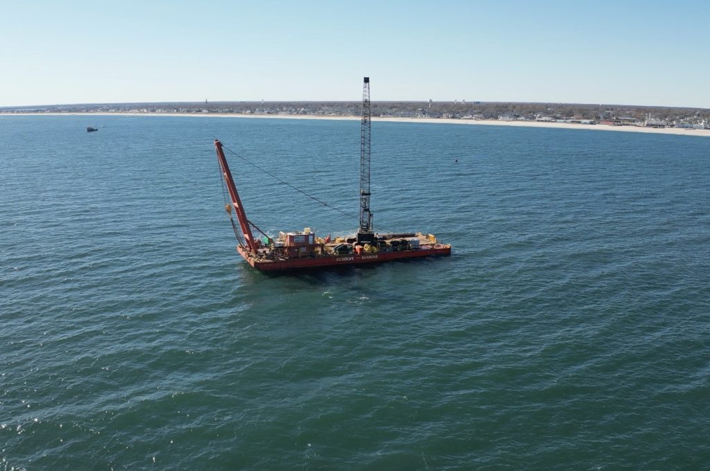 A barge in place to salvage the Susan Rose almost a year to the day it sank off Point Pleasant Beach, N.J., Nov. 10, 2024. (Photo: John Barrett)