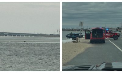 Rescuers check on a fox that was reported floating on a breakway dock in Barnegat Bay, Jan. 2025. (Photo: Seaside Park Fire Department)